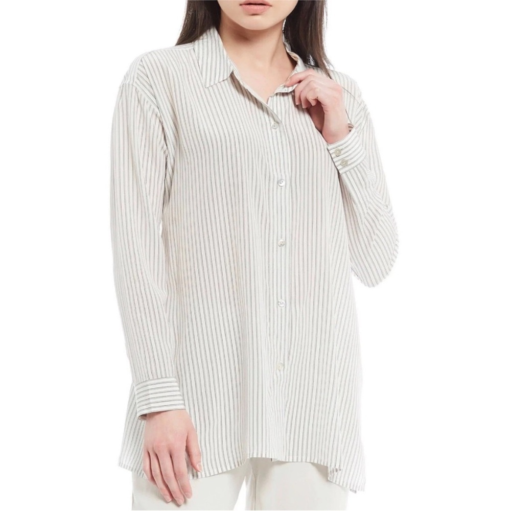 Eileen Fisher Women’s Silk Crepe de Chine Striped Swing Shirt size Med